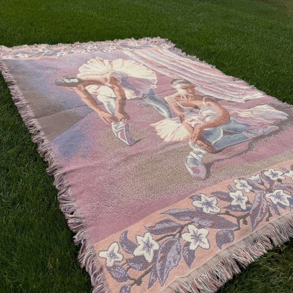 Vintage Goodwin Weavers Ballerina Woven Tapestry Throw Blanket Cotton Pink 68x48